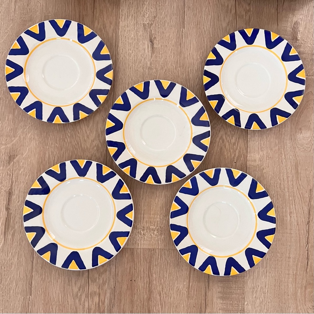 Rare‎ 5 PCs Italian Mid-Century Blue Yellow Geometric Saucers By Lillian Vernon